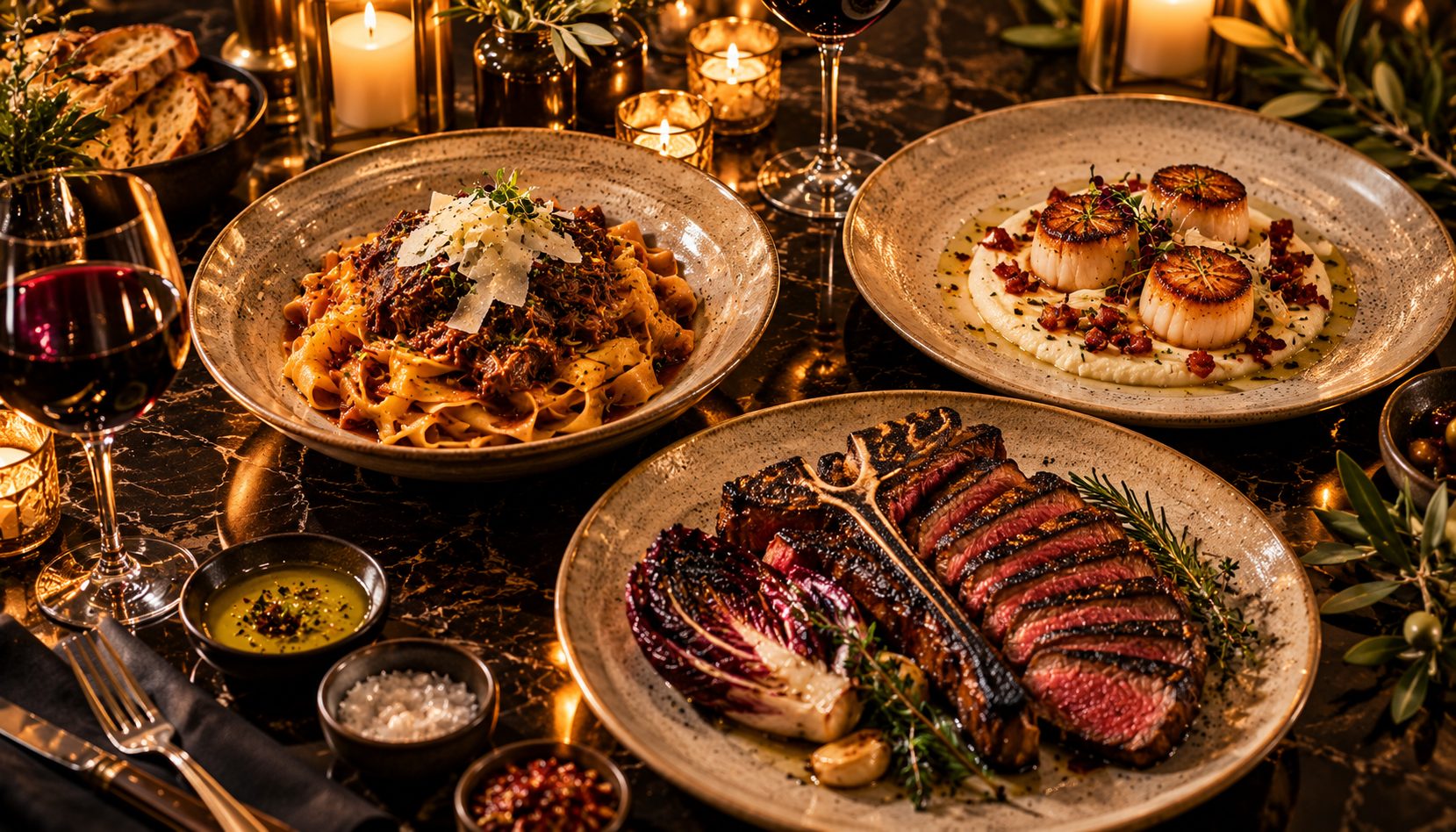 Three signature courses — pappardelle with short rib ragu, pan-seared scallops over fennel puree, and a wood-fired bistecca with charred radicchio — on dark marble with candles